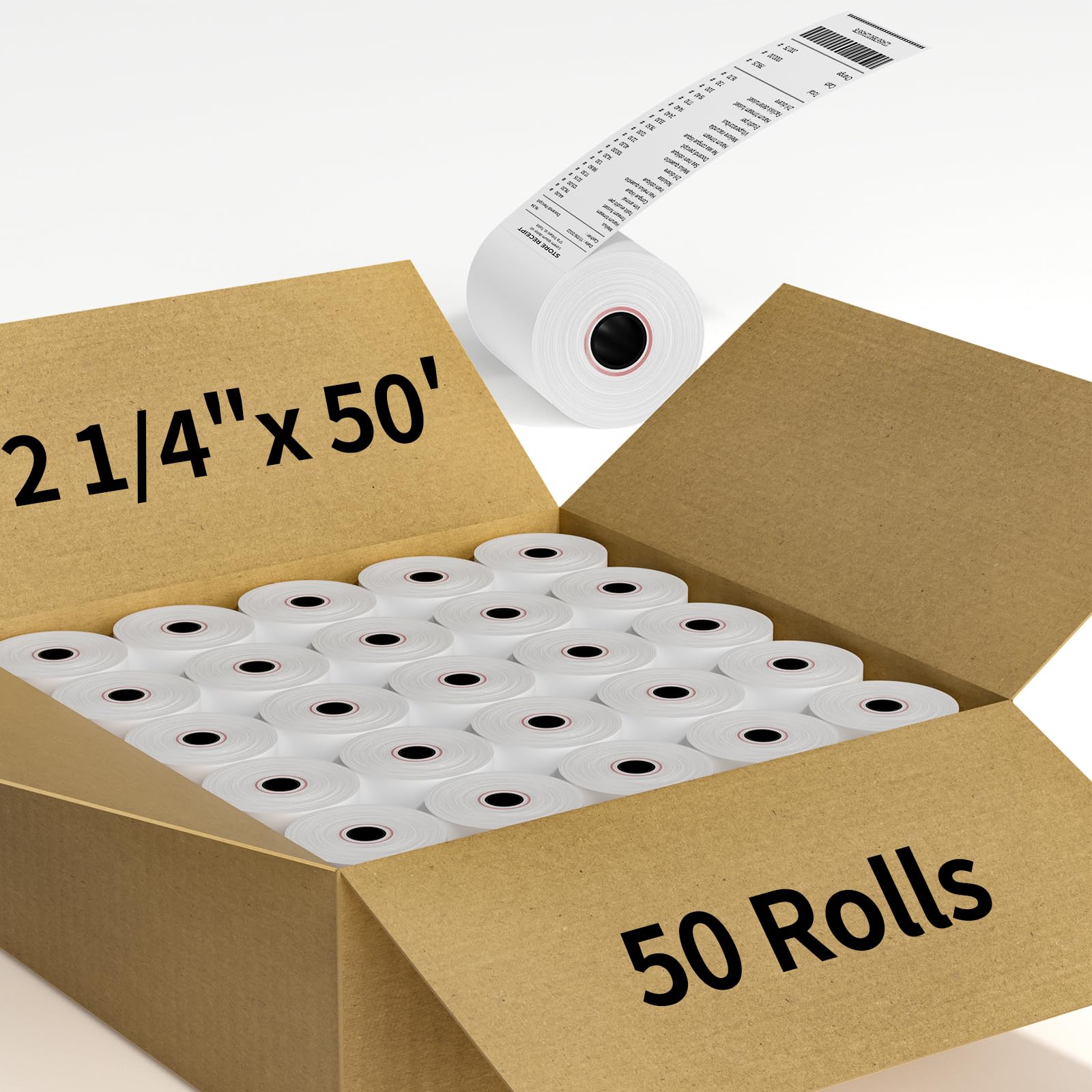(50 rollos) rollos de papel térmico para recibos de 2 1/4 pulgadas x 50 pies, sin BPA, rollos de papel térmico para caja registradora, POS, rollos de papel térmico para tarjetas de crédito de 2 1/4