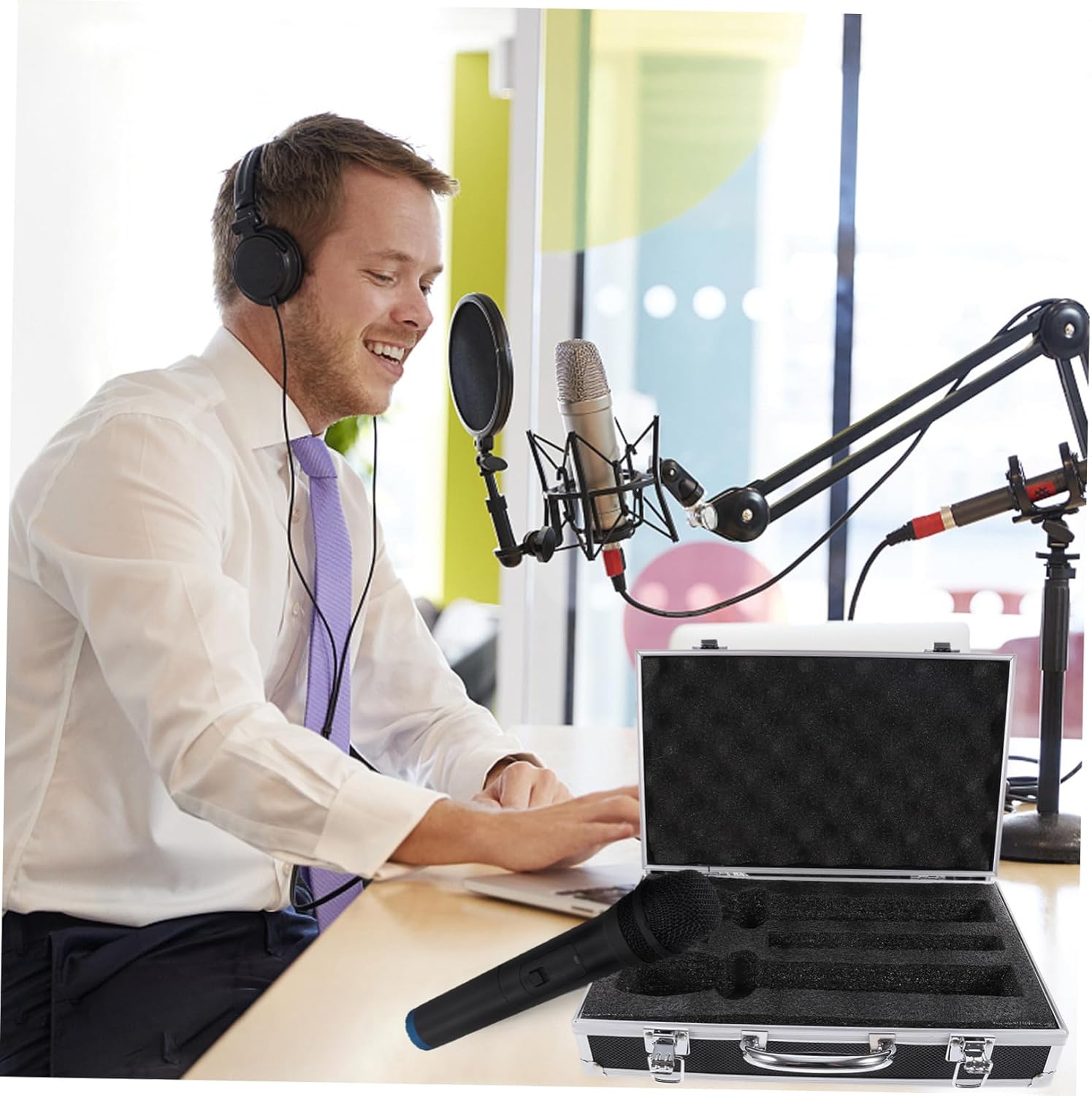 Protective Microphone Holding Box 2-mic Storage Case Aluminum Suitcase for Recording Karaoke and Events