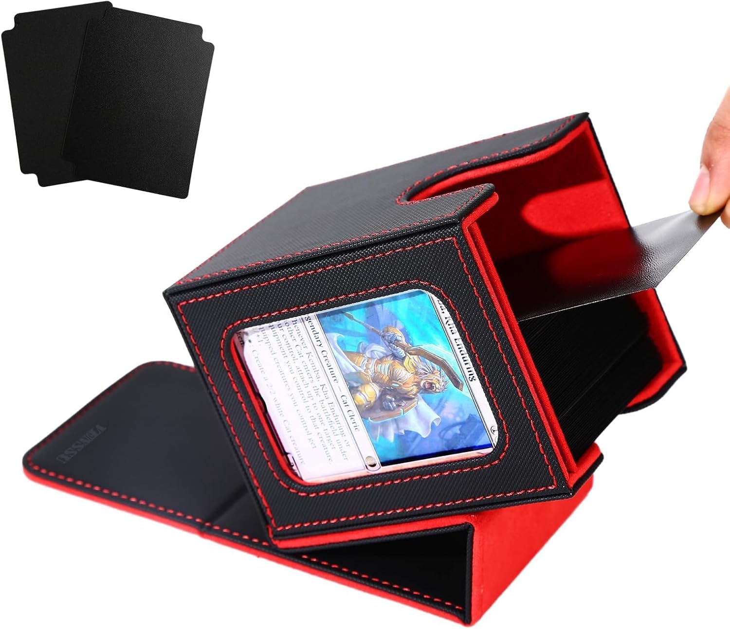 Venssu MTG Deck Box for Commander Display,Card Deck Box Fits 100 Double Sleeved Cards, TCG Card Storage Box with 2 Dividers and 1 Toploader (Black＆Red)