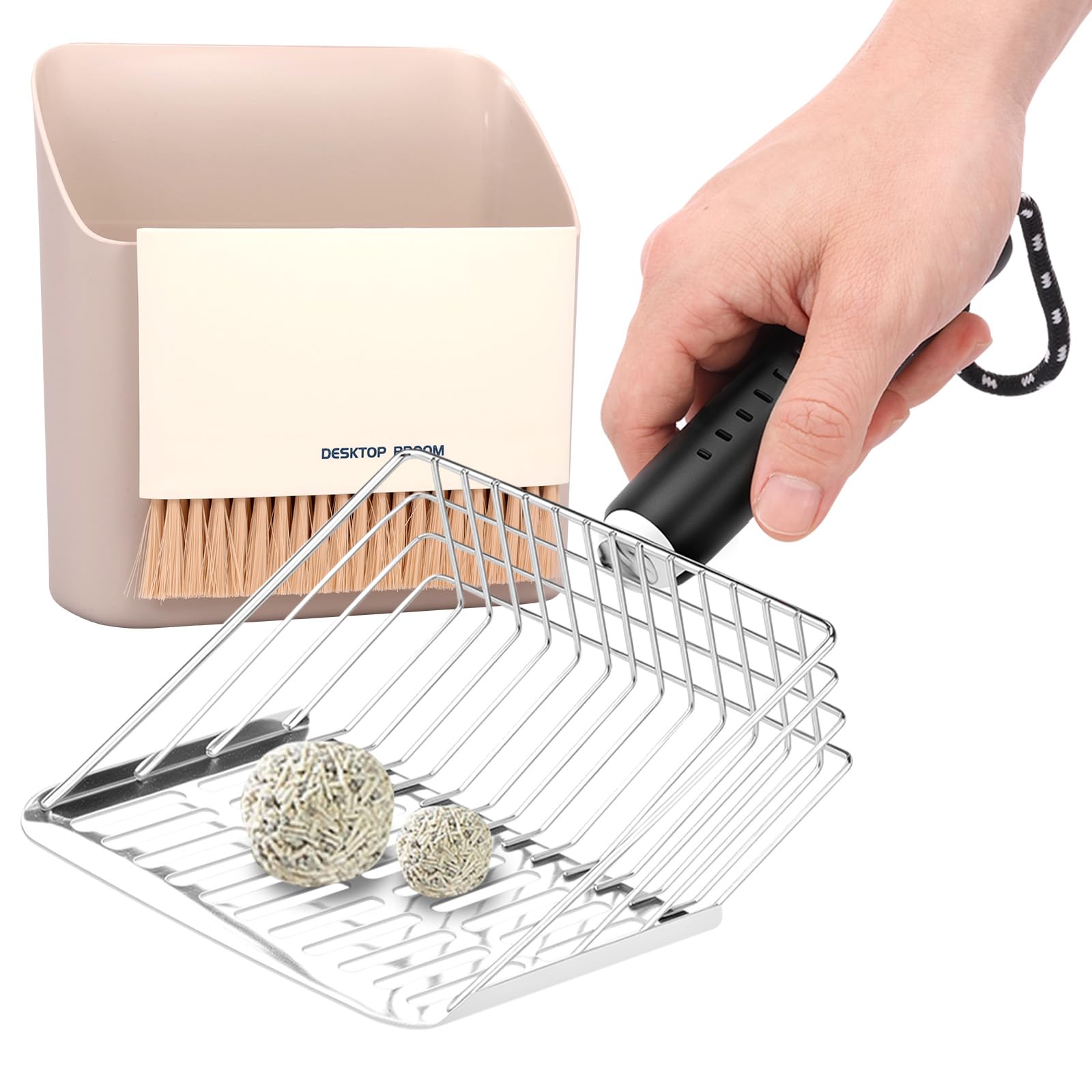 FALESOUL Metal Cat Litter Scoop, Sturdy Litter Cleaner Corner Shovel with Small Broom & Dustpan, Speed Sifter Litter Box Scooper Captures All Clumps, Easy to Clean Reptile Terrarium Sand Waste (# B)