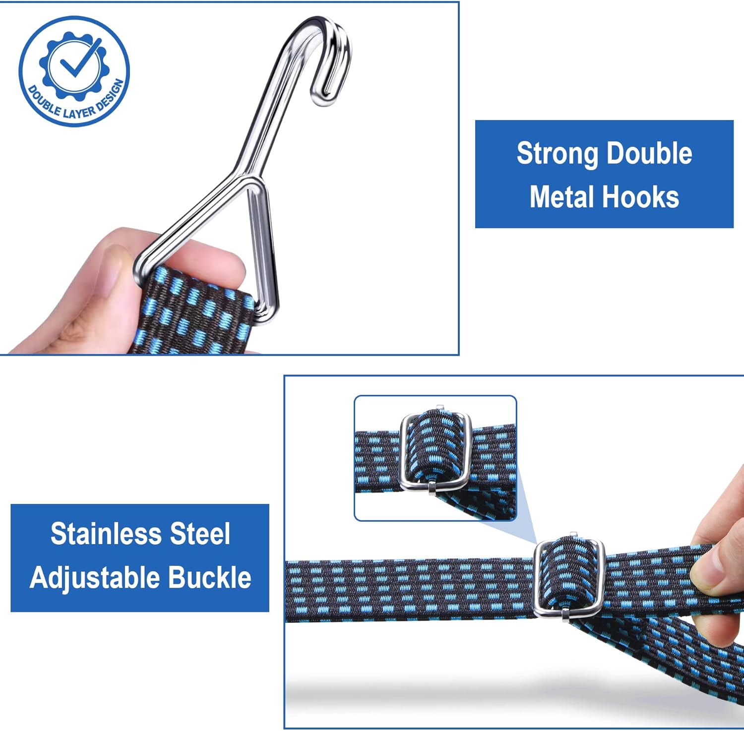 5 Pack Adjustable Bungee Cords with Hooks 80 inches, Color Flat Stripe Bungee Cords for Outdoor, Adjustable Length Metal Buckle Hook，for Fixed Heavy Duty Cargo, Outdoor Bike Rack, Camping