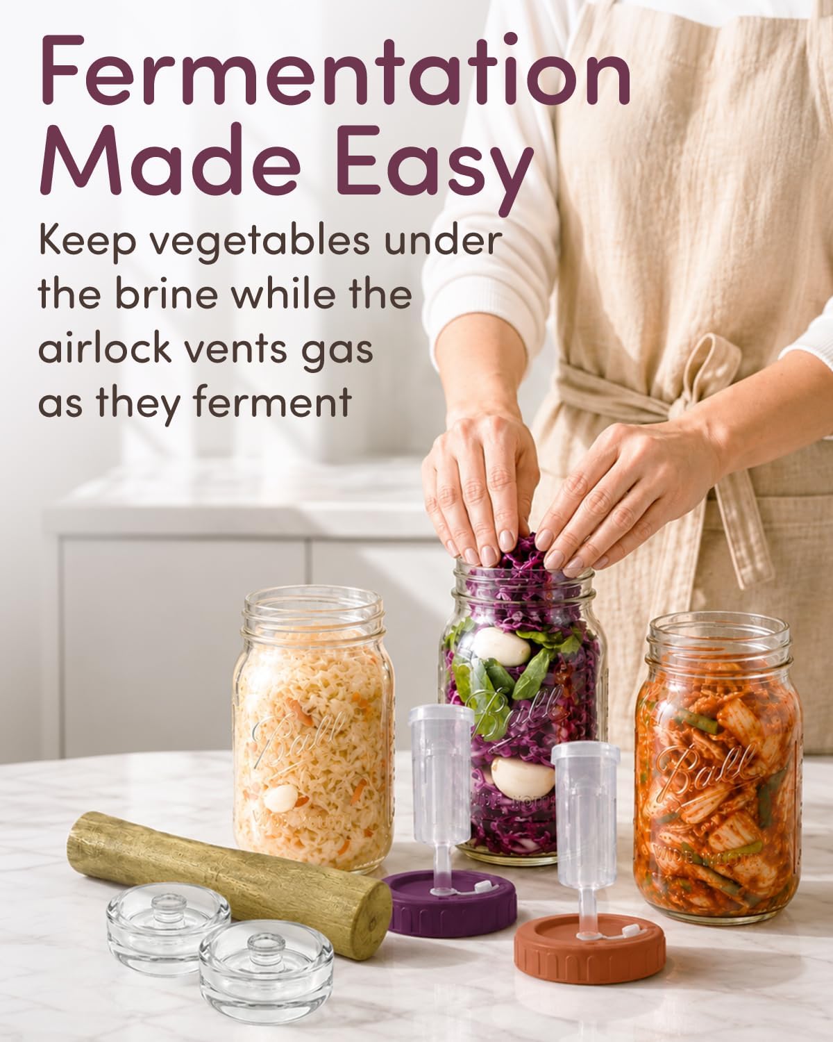 Elementi Mason Jar Fermentation Kit - Easy to Use Sauerkraut, Kimchi & Pickling Kit - Airlocks for Fermenting Jar - 4 Wide Mouth Fermentation Lids, 4 Glass Fermenting Weights & Wooden Tamper