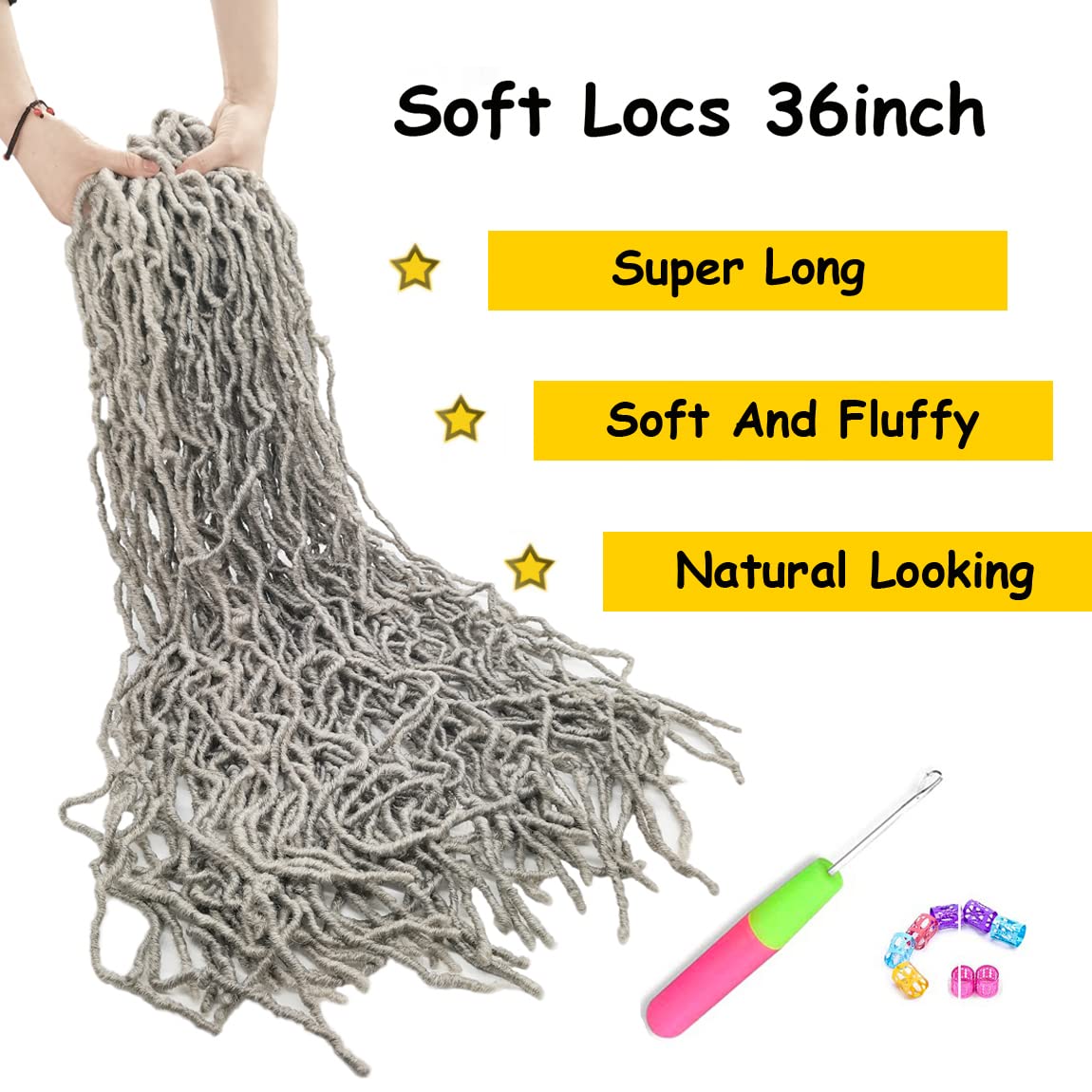 Grey Faux Soft Locs 36 Inch 7 Packs Gray Color Crochet Locs Hair Whole Strand No Extended Pre-looped Long Locs Synthetic Crochet Braids Hair Extensions For Black Women (36inch, 7packs, Grey)