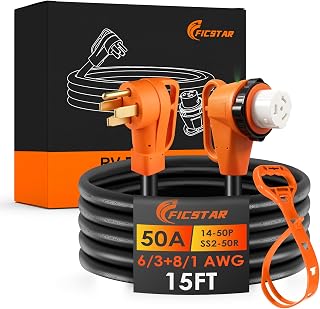 50 Amp Generator Cord 15 ft, Heavy Duty 6/3+8/1 STW AWG 50 Amp RV Extension Cord with Grip Handle Twist Lock, NEMA 14-50P to SS2-50R with Polarity Lamp and Power Indicator