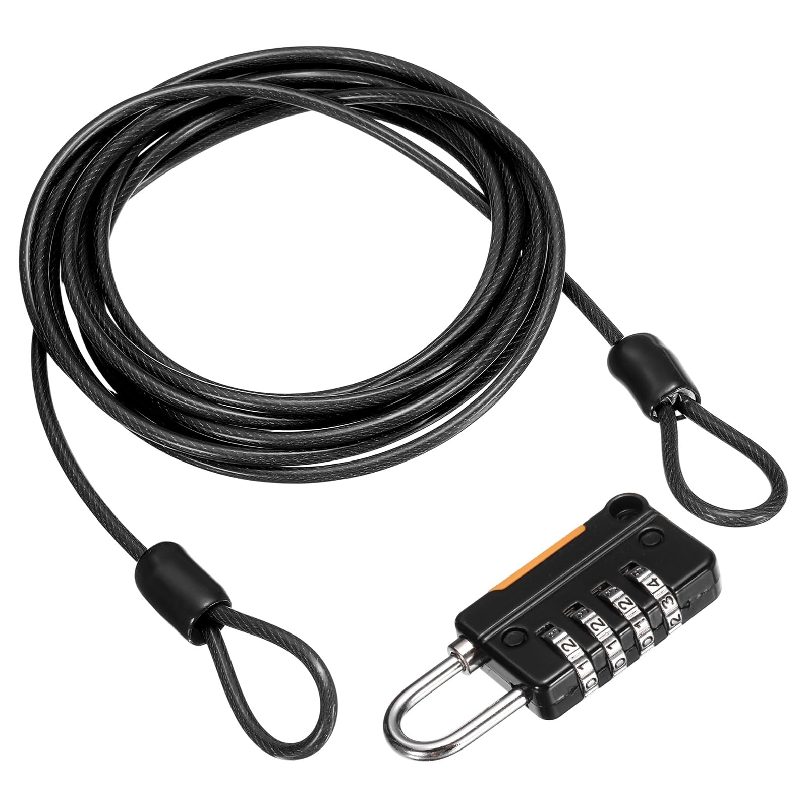 sourcing map Security Steel Cable with 4 Digit Combination Lock, 6.6Ft Coated Safety Black Wire Rope Double Loop Padlock Luggage Lock for Outdoor Travel (200cm)