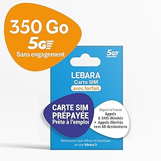Lebara - Carte SIM Prépayée - 350 Go 5G sur Le Réseau SFR - Appels & SMS Illimités en France - 4h vers 60 Pays - sans Engagement - Valable 30 Jours