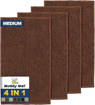 Muddy Mat 4-Piece Brown Medium 30"X19" AS-SEEN-ON-TV Highly Absorbent Microfiber Door Mat, Bath Mat and Pet Rug, Non Slip Thick Washable Soft Chenille for Kitchen Bathroom Bedroom Indoor and Outdoor