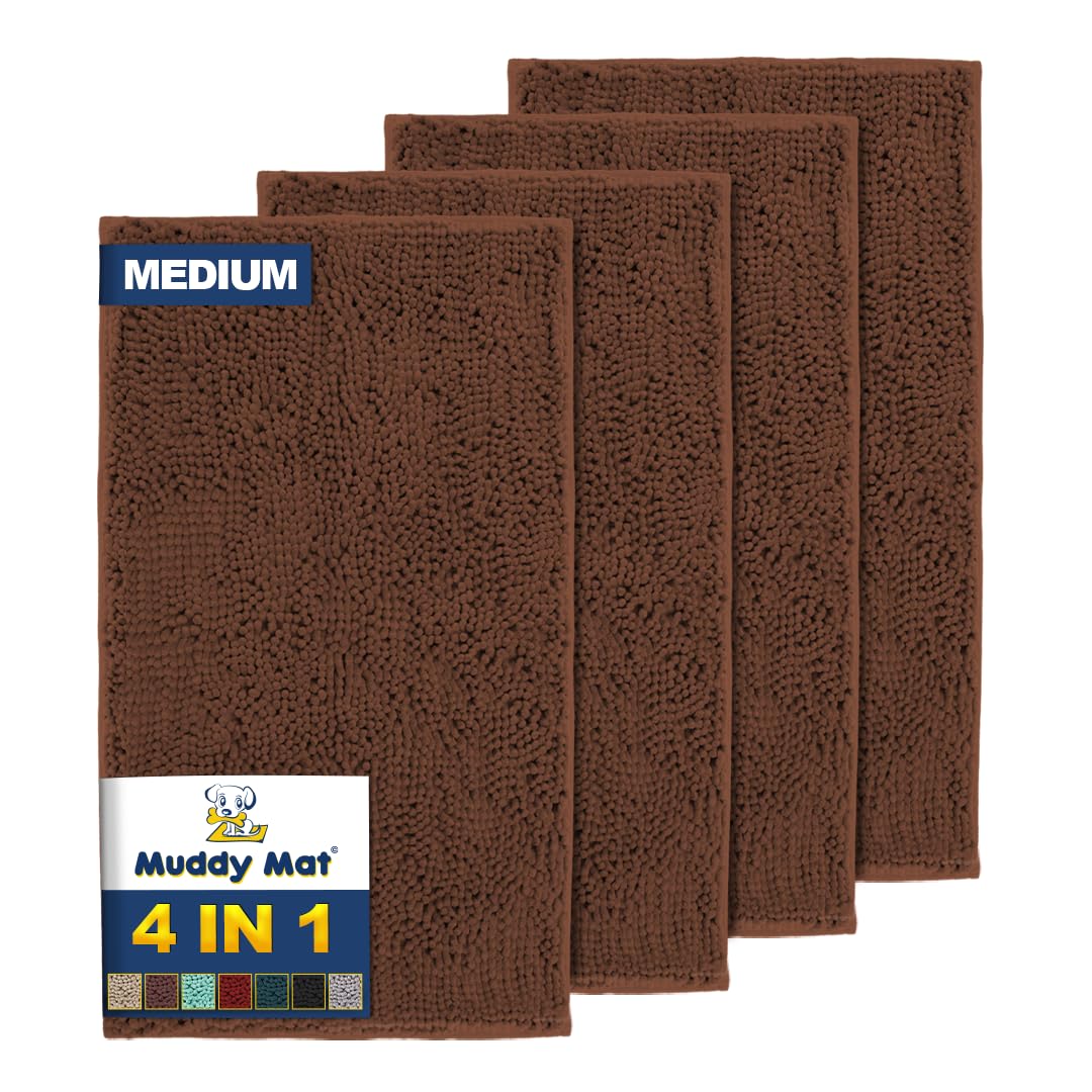 Muddy Mat® 4-Piece Brown Medium 30"X19" AS-SEEN-ON-TV Highly Absorbent Microfiber Door Mat, Bath Mat and Pet Rug, Non Slip Thick Washable Soft