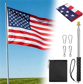 Handheld Telescoping Flag Pole Kit with 3x5ft American Flag & Carry Bag - 8.2ft Max Adjustable Stainless Steel Sturdy Portable Flagpole, Parade Rally Peaceful Protest Tour Guide Supplies