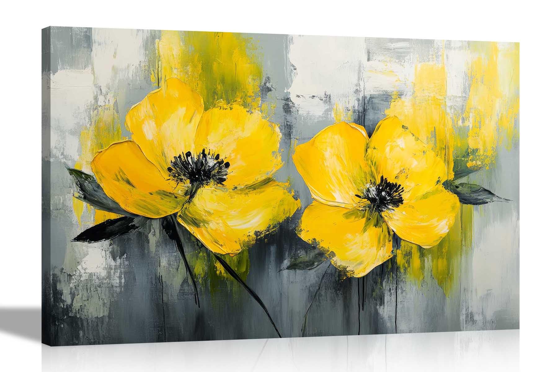 Artley Prints - Abstract Yellow Flowers Grey Rustic Canvas Wall Art Prints Living Room Floral Pictures Bedroom Hallway Artwork 76 x 50cm (30 x 20 inches)