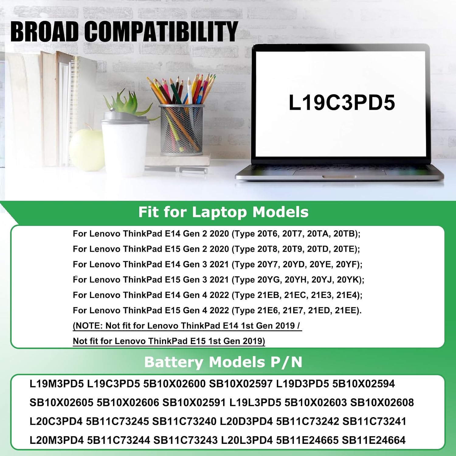 L19M3PD5 L19C3PD5 Laptop Battery Replacement for Lenovo ThinkPad E14 E15 2nd 3rd 4th Gen Series Notebook SB10X02591 5B10X02606 L19D3PD5 L19L3PD5 L20C3PD4 L20L3PD4 L20M3PD4 11.1V 45Wh 4120mAh