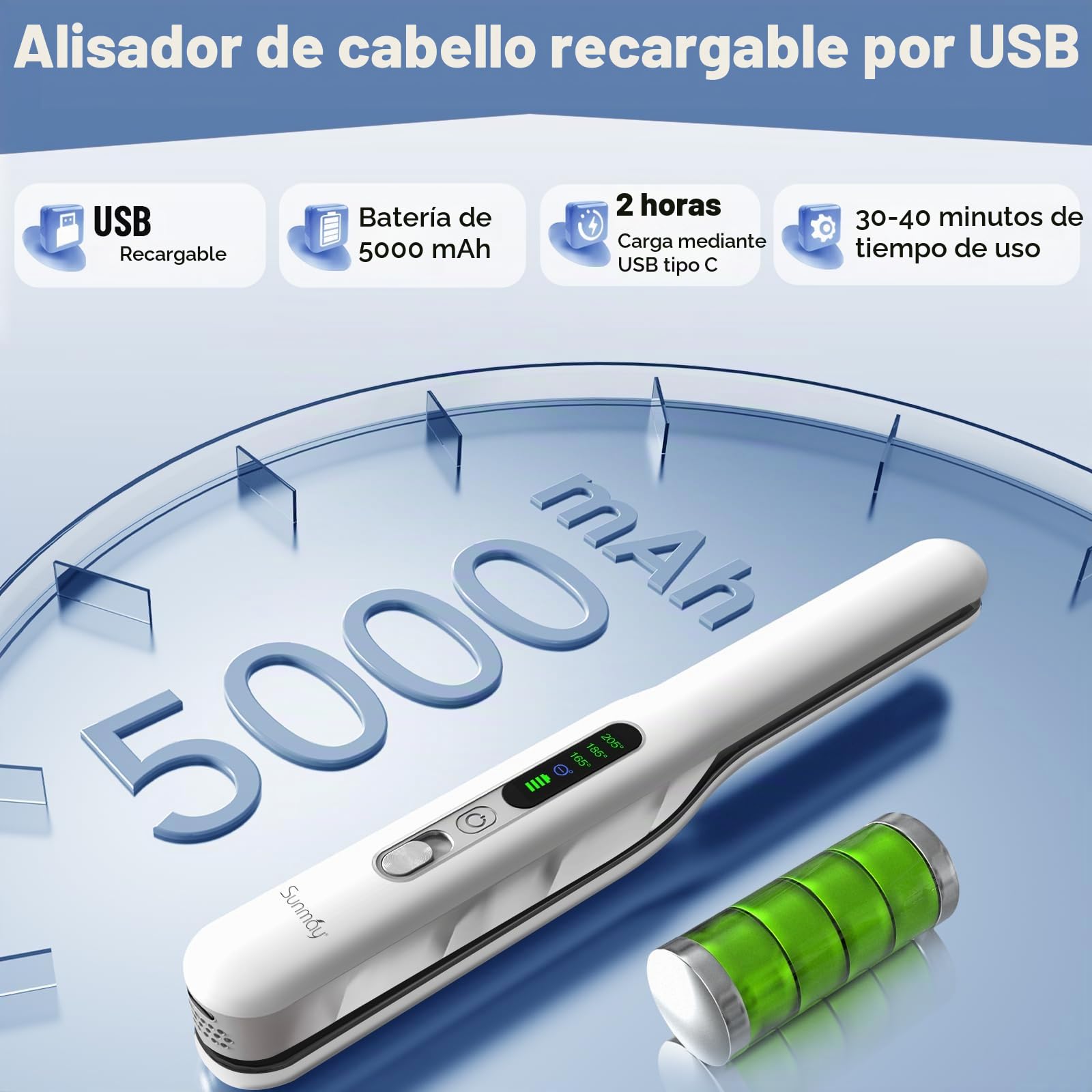 SUNMAY Voga Plus Plancha de Pelo Inalámbrica con Iones Negativos, Plancha de Pelo de Titanio y Rizador 2 en 1, Plancha Portátil para Viaje 5000mAh, Dual NTC para Calor Estable, Calentamiento Rápido