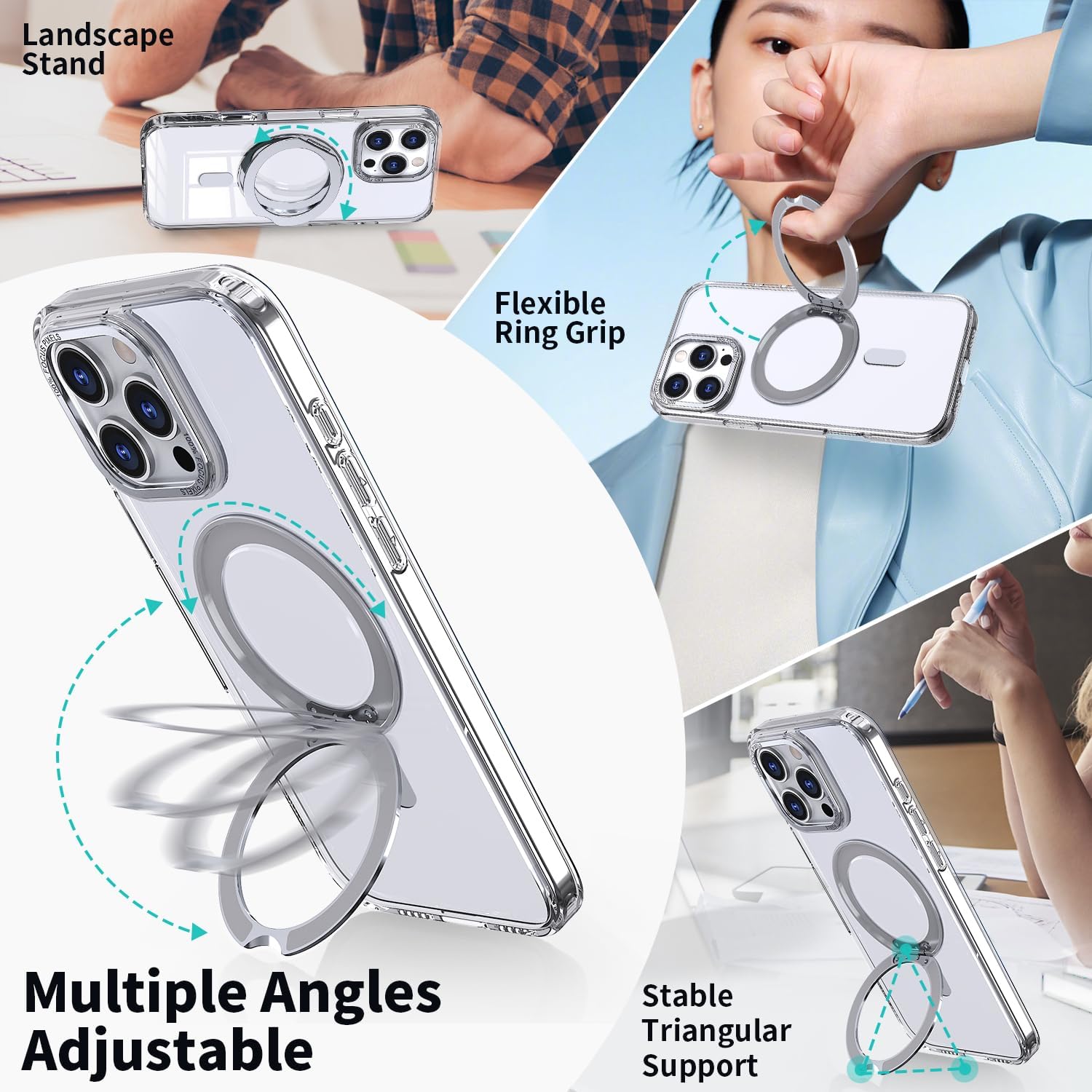 HOGGU Compatible with iPhone 16 Pro Case with Invisible Magnetic 360°Ring Stand, Compatible with MagSafe, Great Grip Feeling, Anti-Slip, Drop-Proof and Protective Cover, Translucent Matte Case, Clear