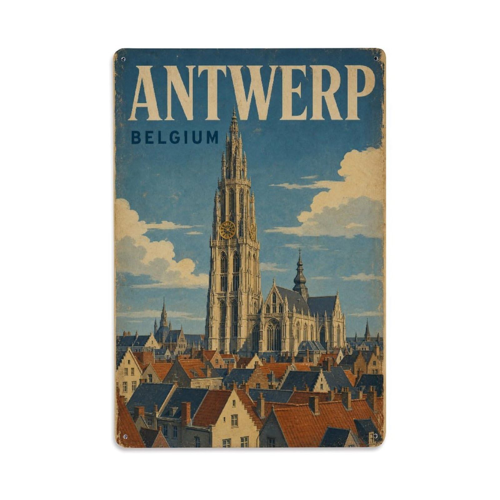 Retro Travel Belgium Antwerp Metal Tin Sign