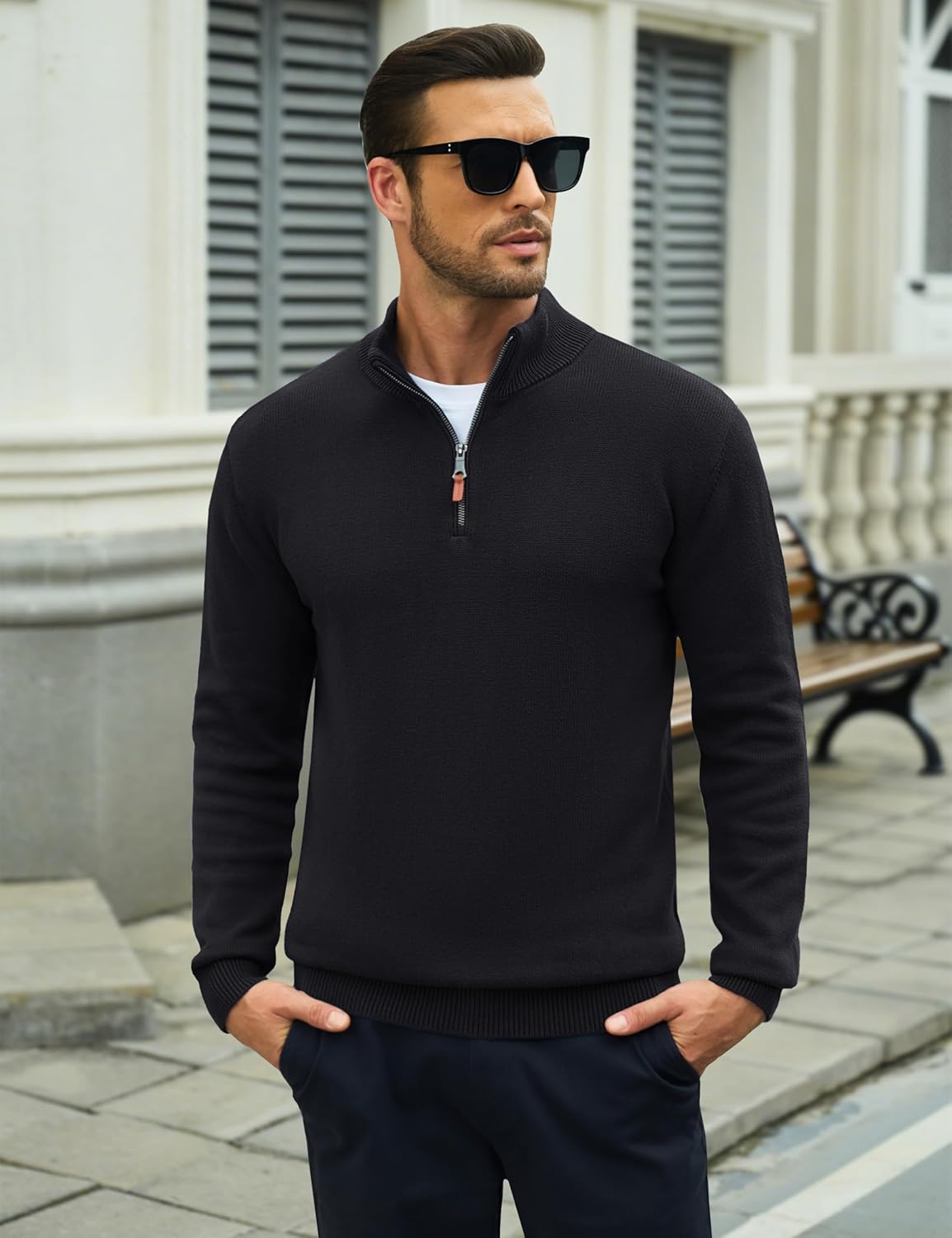 MAGCOMSEN Men's Quarter Zip Pullover Lightweight Mock Neck Polo Sweater Long Sleeve Warm Fall Winter Pullover Sweaters - Image 2