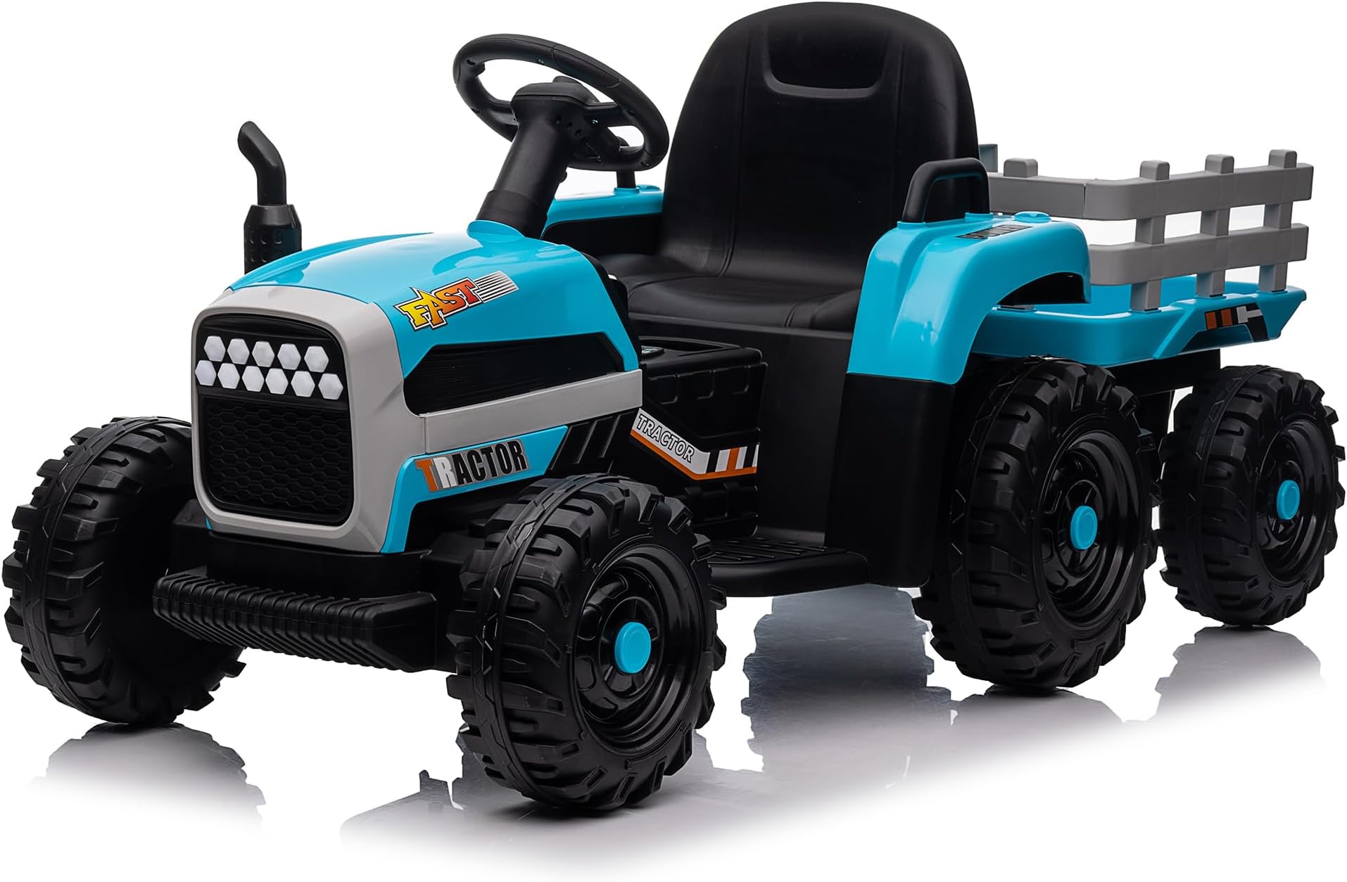 Ride on Tractor w/Trailer, 12v Battery-Powered Toy Tractor w/Remote Control and 3 Speed Adjustable, Electric Car for Kids w/Power Display, USB, LED Lights, Audio, Safety Belt, Kids Ride on Car, Blue
