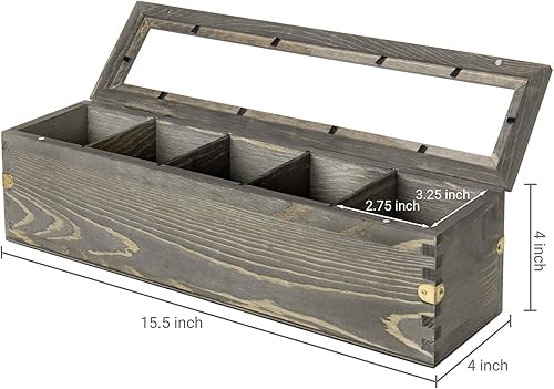 Miniatura 5 de MyGift Organizador de té de madera gris vintage con 5 compartimentos para té, paquetes de azúcar y condimentos, caja de almacenamiento de bolsa de