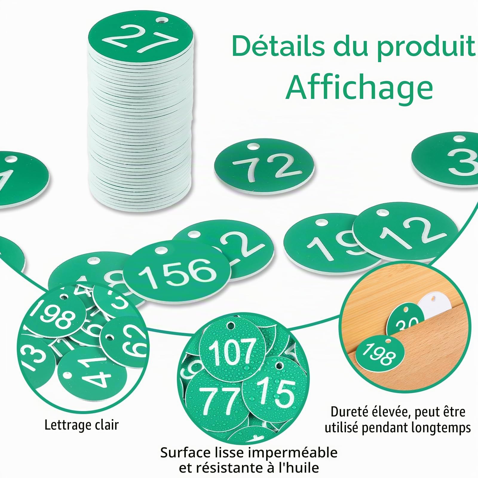 Tenare 1-200 Étiquettes de Numérotée en Plastique Porte-Clés Numéroté 1 à 200 Étanches Étiquettes de Numéro avec Trou pour Vestiaires Hôtels Écoles Restaurant, sans Anneaux(Vert,200)