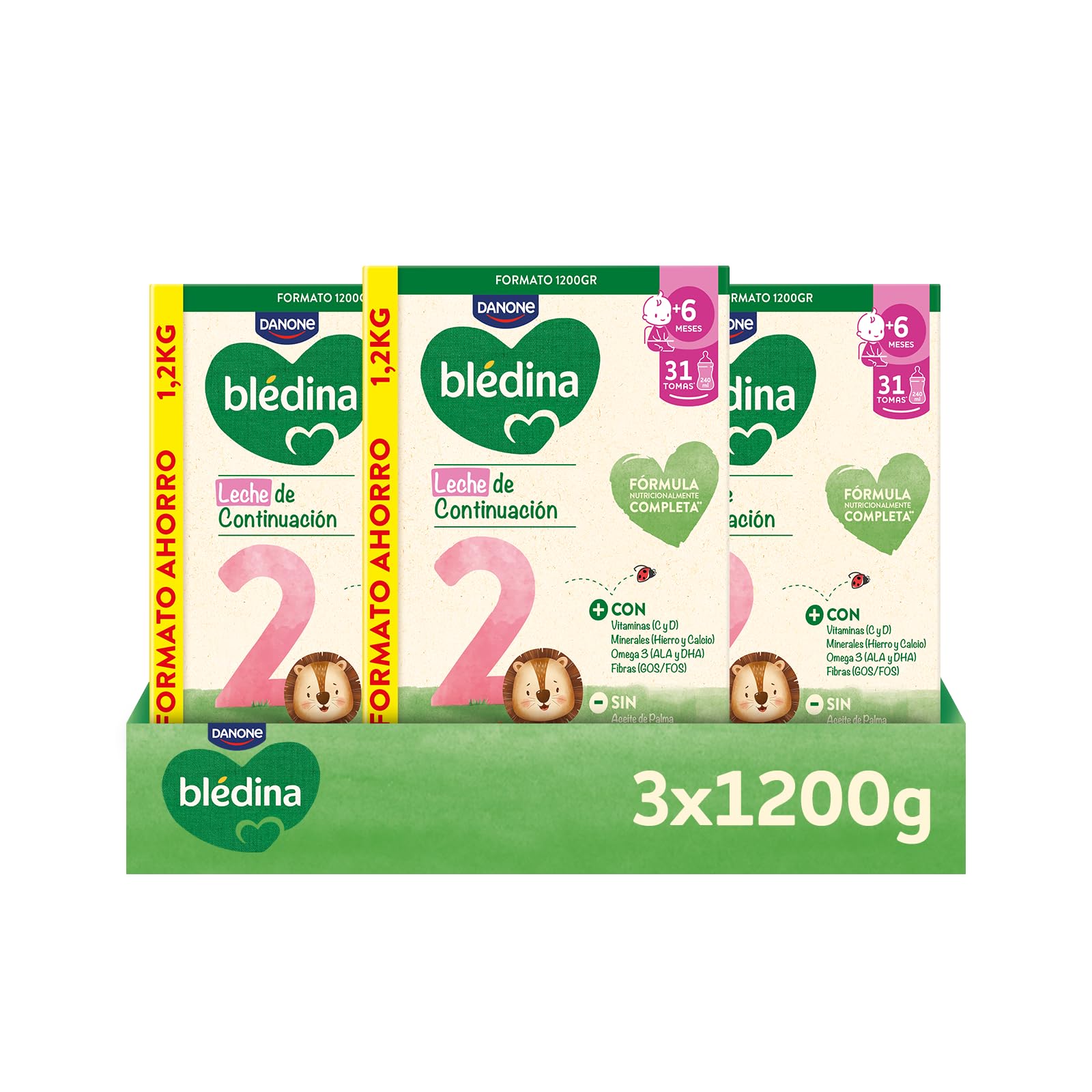 Blédina 2, Leche de Continuación para Bebé, Fórmula Completa con Vitaminas, Minerales, Omega 3 y Fibras. Sin Aceite de Palma, Sin Conservantes Ni Azúcares Añadidos. Desde los 6 Meses, Pack 3x1.2g