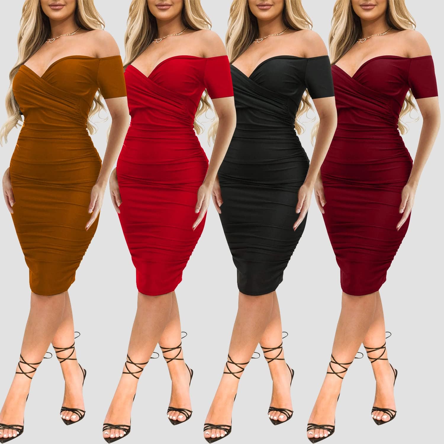 Ekaliy Women's Sexy Off The Shoulder Midi Dress Ruched Bodycon Dresses - Image 5
