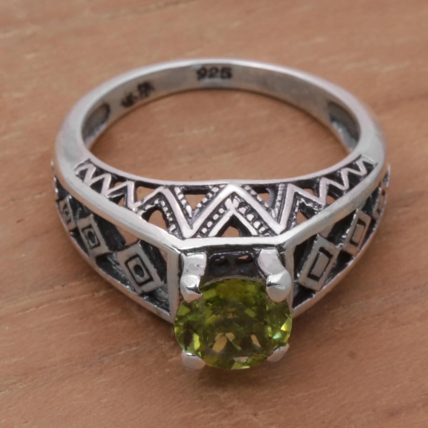 NOVICA Artisan Handcrafted Peridot Cocktail Ring Silver Lattice Sterling Green Single Stone Indonesia Geometric Birthstone 'Sky Goddess Temple'