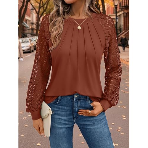 Womens Long Sleeve Shirts Lace Tops Business Casual Fall Fashion Outfits Clothes 2025 Knitted Y2k Dressy Blouses
