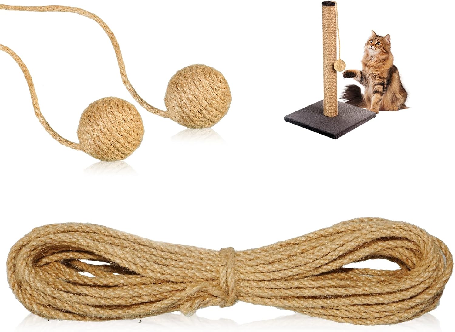 164FT Sisal Rope for Cat Tree, 4mm Natural Jute Twine for Scratching Post Replacement with 2 Sisal Cat Balls, Hemp Twine Rope for DIY Crafts & Home Decorating