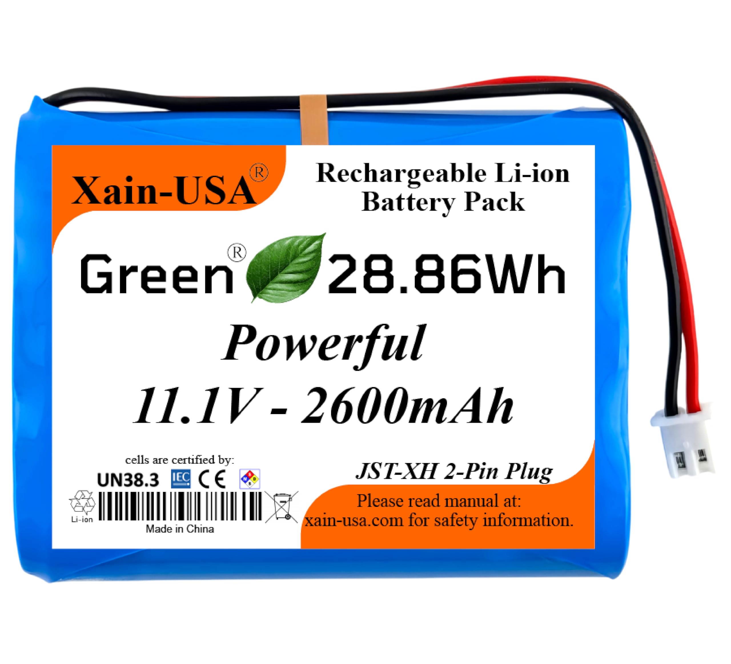 Xain-USA Powerful Replacement 11.1V Li-ion Battery. 2600mAh Capacity, 3S1P config, JST-XH2.54 Connector, Built-in BMS. Ideal for Super LifeJacket Jolt