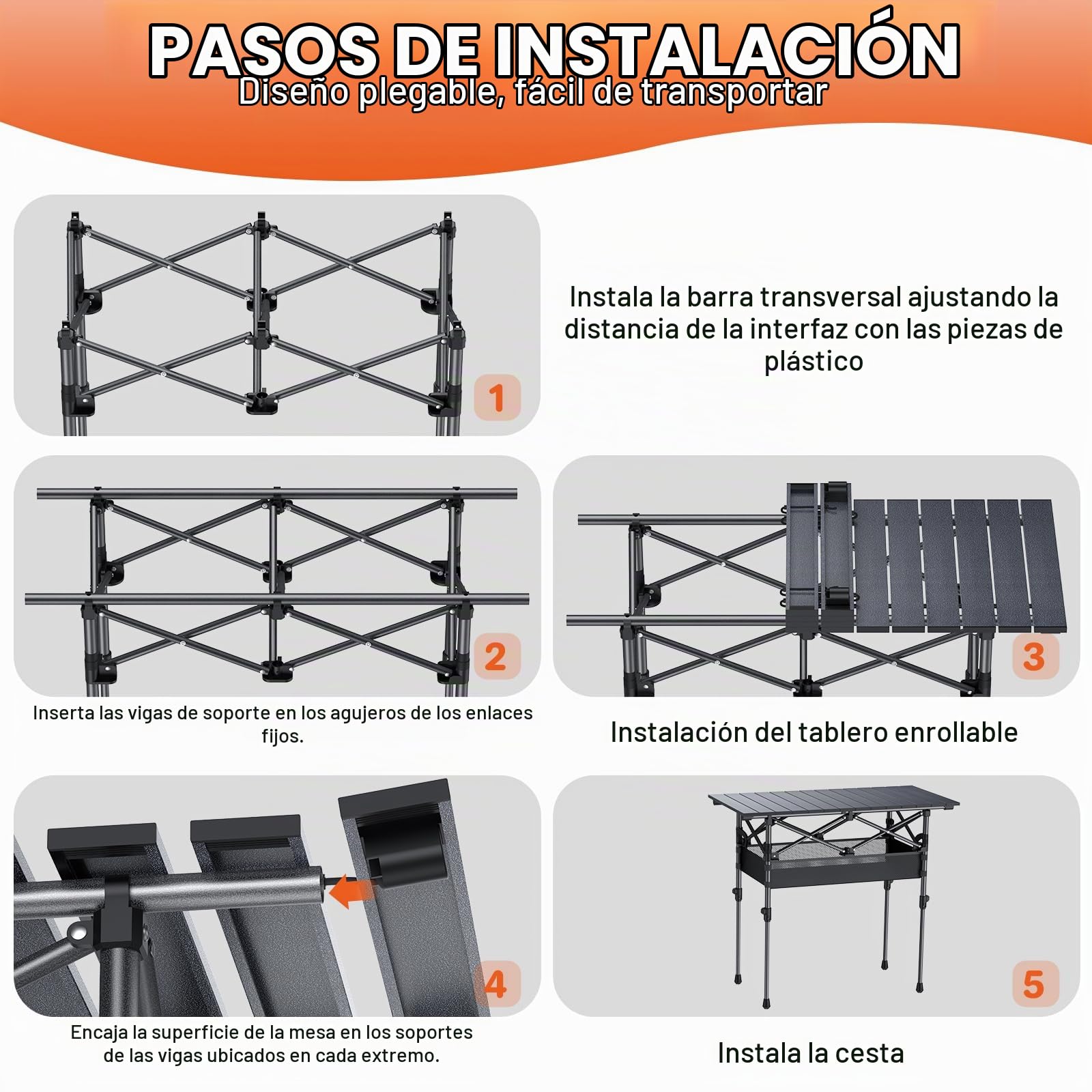 FUNYKICH Mesa Plegable de Camping 82 x 40cm con 2 Alturas Ajustables (44/70cm), Fácil Montaje, Bolsa de Malla Tablero Enrollable de Aluminio para Barbacoa