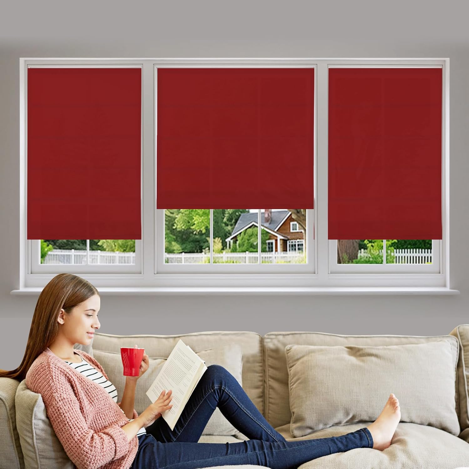 Cordless Roman Shades, Red Premium Blackout Room Darkening Roman Window Shades, Custom Washable Fabric Roman Shade for Windows, French Doors, Bedroom (1 Piece)