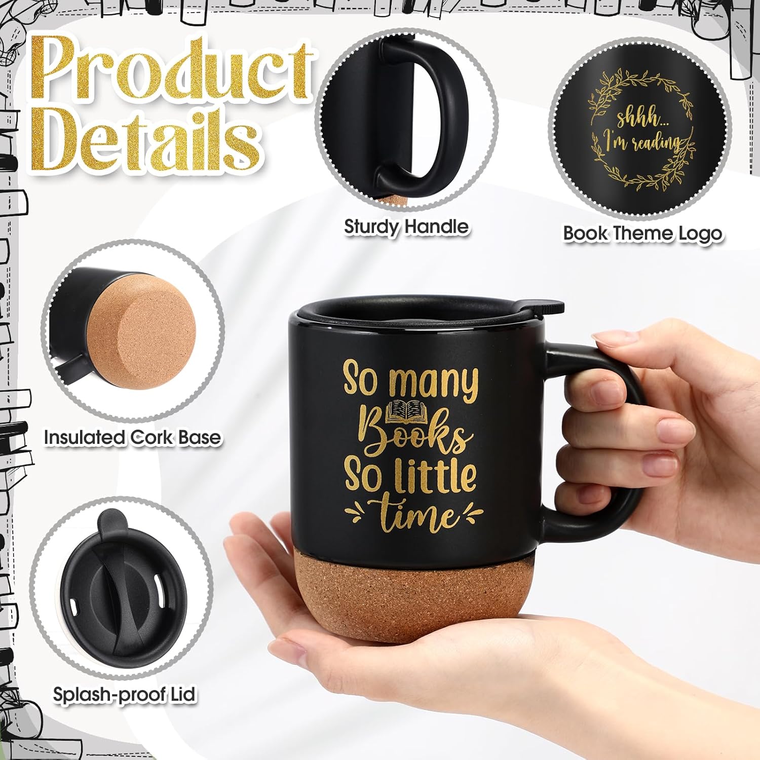 6 Pcs Book Lovers Gift Ceramic Cups Librarians Coffee Drinking Mug 13.5oz Mugs Gift for Book Lovers Teacher Bookworm Writer Reader Library Reading Supplies Graduation