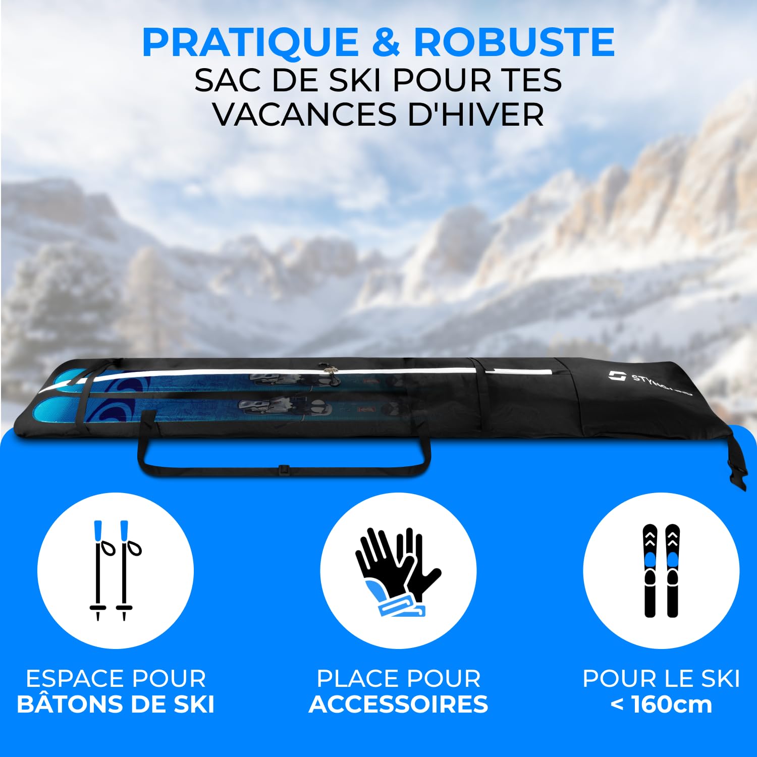 STYNGARD Andermatt Sac de Ski pour Enfant avec Haut Roulant [jusqu'à 160 cm] – Sac de Ski pour Enfant en matériau Robuste avec Fermetures éclair de qualité – Modèle Andermatt