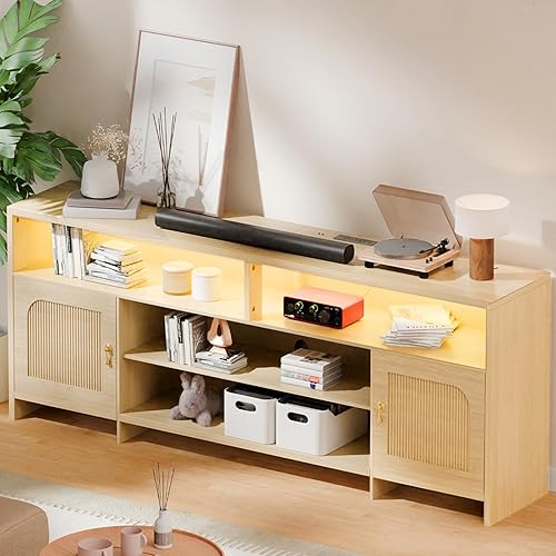 Soportes de TV estriados para sala de estar, centro de entretenimiento moderno de mediados de siglo de 70 pulgadas con luces LED y estantes de