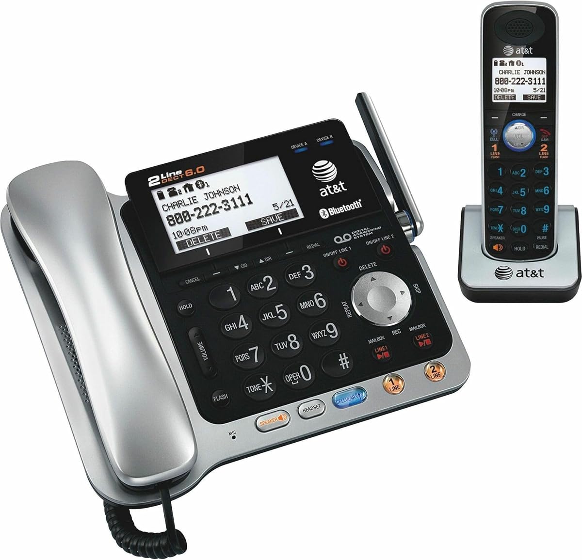 TL86109 DECT 6.0 2-Line Expandable Corded/Cordless Phone with Bluetooth Connect to Cell, Answering System and Base Speakerphone, 1 Corded Handset and 1 Cordless Handset, Silver/Black