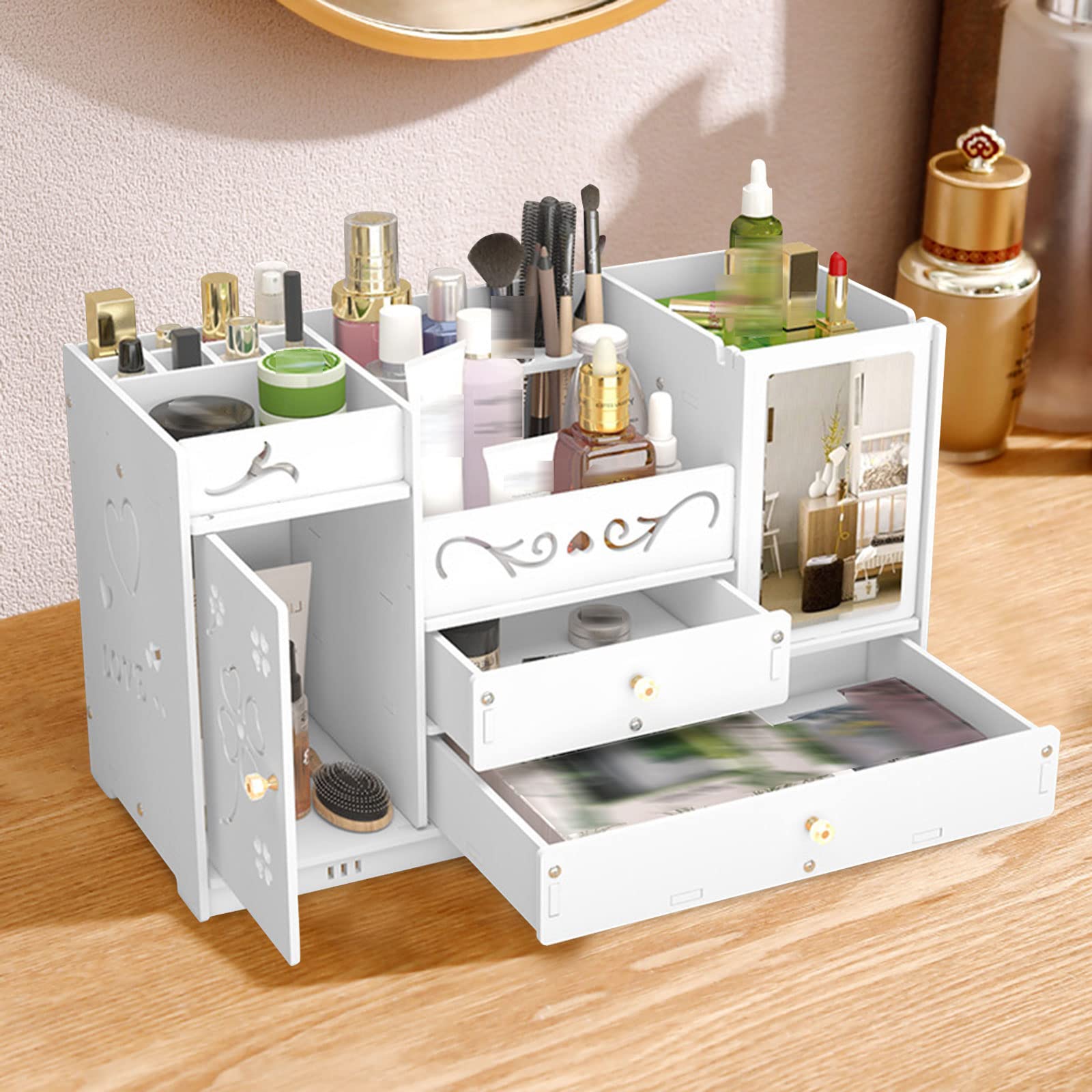 Make Up Organizer mit 2 *Schubladen, Große Kosmetik Organizer mit Spiegel, Weiß Schminktisch Organizer für Schlafzimmern, Badezimmern, Umkleidekabinen, 45 x 19 x 27 cm