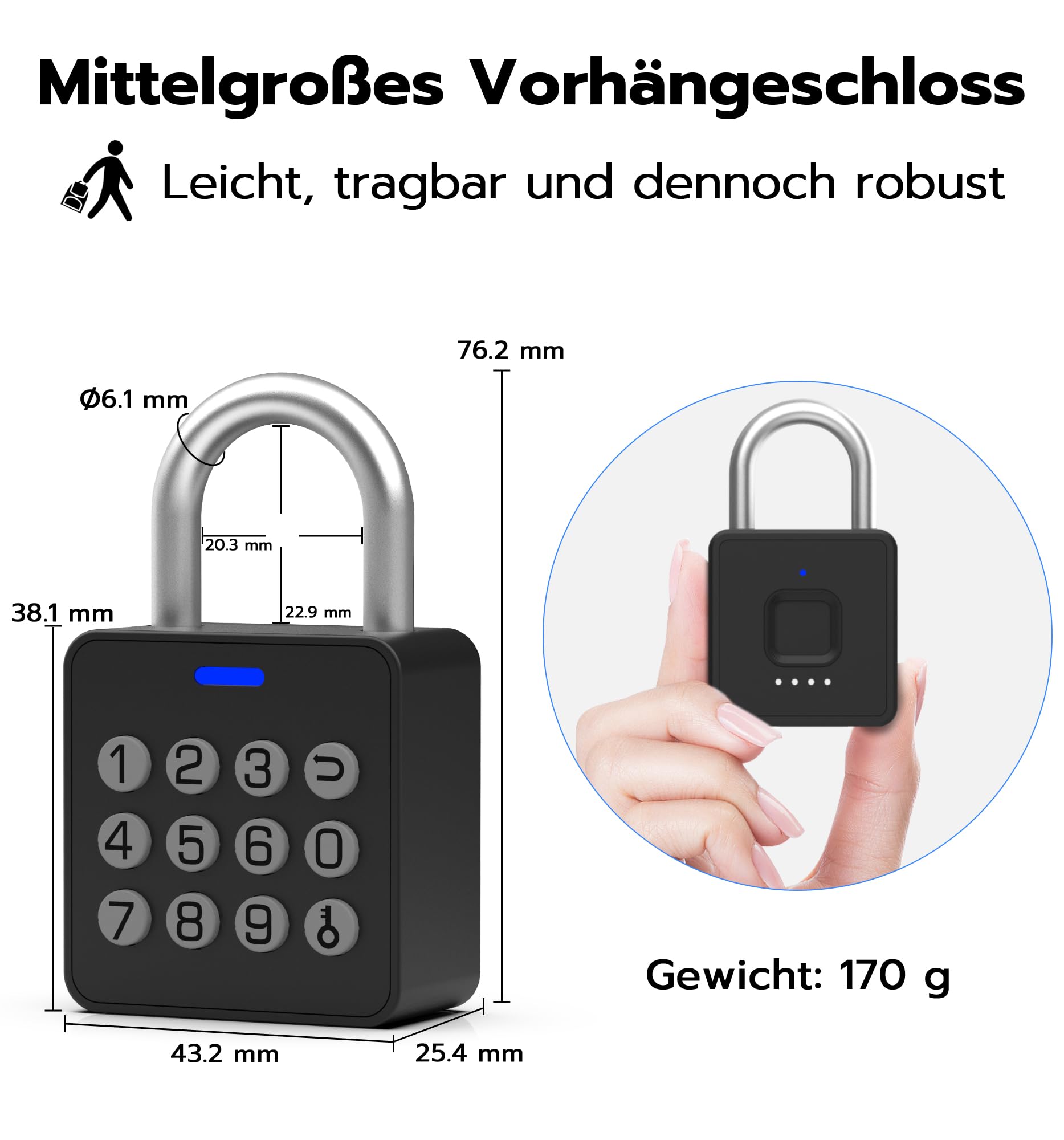 Elektronisches Vorhängeschloss mit Fingerabdruck & PIN, IP65 Wasserdichtes Smart Bluetooth Schloss mit App, USB-C Aufladung, Robust für Gartentor, Garage, Spind