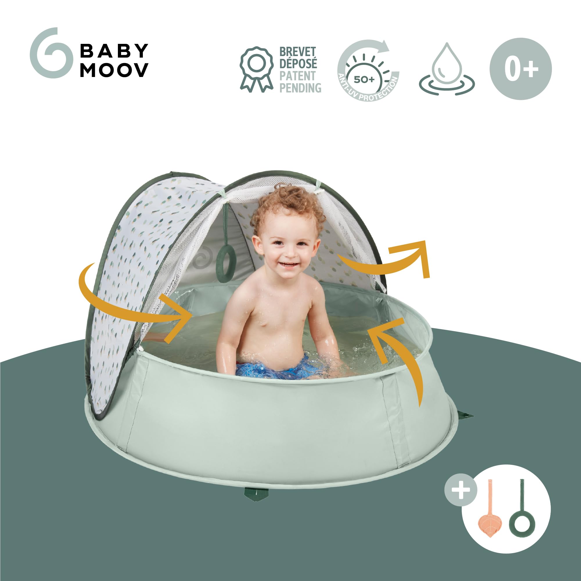 Babymoov Aquani Provence, 3 en 1 Aire de Jeux, Piscine et Tente Anti-UV FPS 50+ pour bébé, Moustiquaire et Auvent rabattables, Matelas d'éveil & Jouets Inclus, Dès la naissance