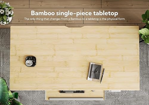 Miniatura 4 de Escritorio eléctrico de bambú de pie, escritorio ajustable de 55 x 24 pulgadas con bandeja para teclado, escritorio de oficina en casa con tablero
