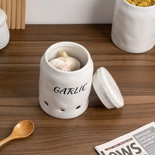Miniatura 7 de Tanirapel Garlic Keeper de cerámica, protector de ajo blanco con tapa de porcelana, recipiente de ajo para cocina, tarro de ajo, blanco