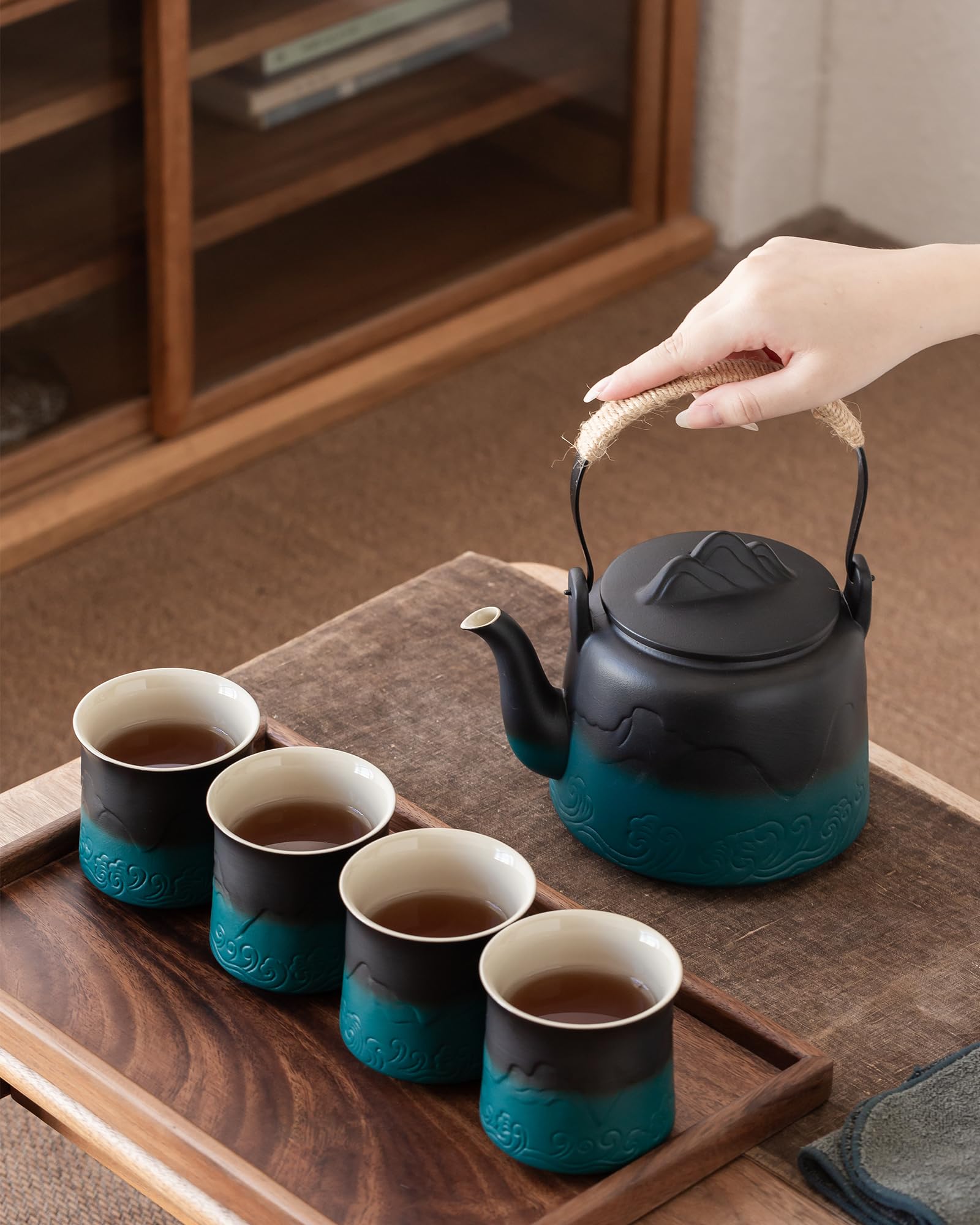 ZENS Design Japanische Teeservice,1000ml Gradienten Geprägtem Japanische Teekanne mit 4 Tassen Set, Hanfseilgriff Teeset mit Eingebautes Sieb für Weißer Losen Tee Steeper, Schwarz & Grüner