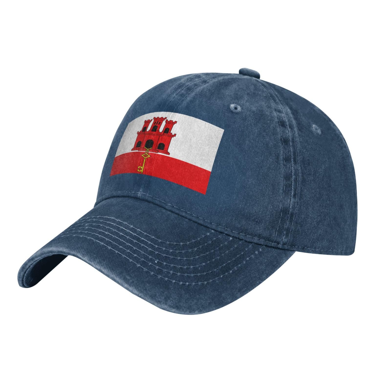 Flag of Gibraltar Printed Black Denim Baseball Cap - Unisex, Suitable for Golf, Casual, and Outdoor wear.