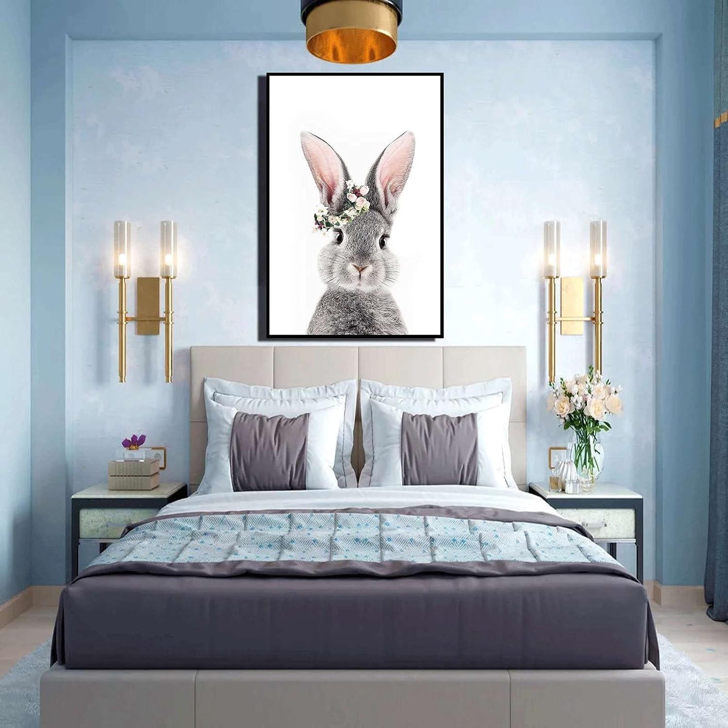 DPHGQGK Bunny Flower Crown Rabbit Art, 16x24inch, Framed Wall Art for Nursery