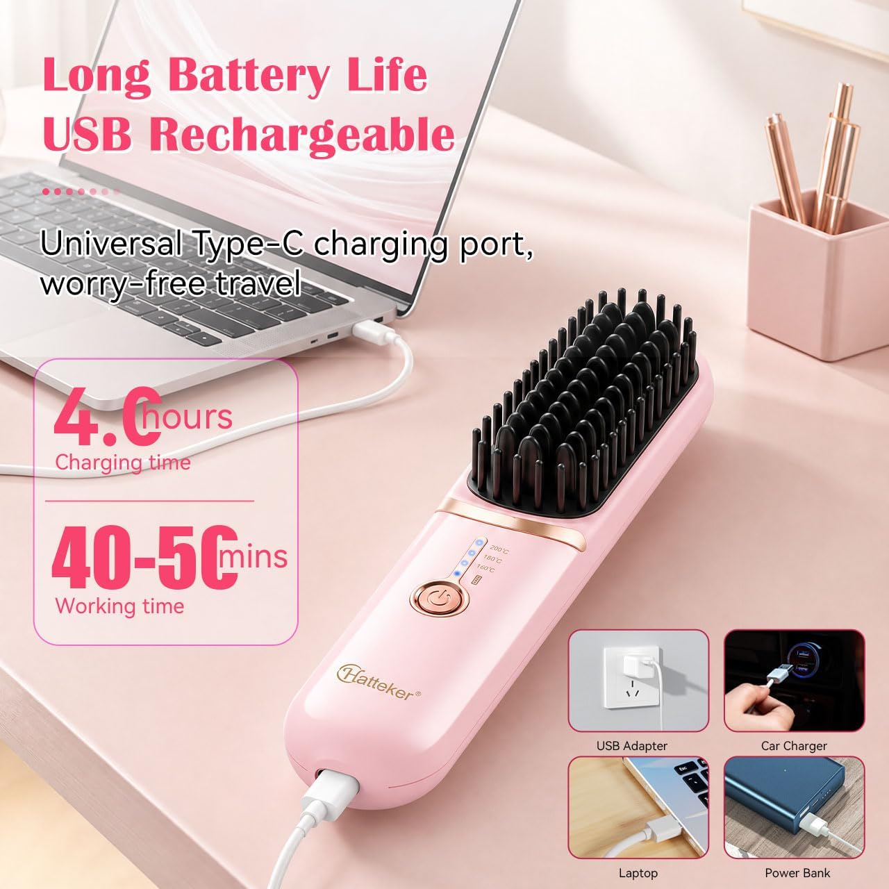 Hatteker Cordless Hair Straightener Brush, Portable Hair Straightener Brush for Travel, 30s Fast Heating, 3 Temperature Settings, Mini Ionic Hot Comb Straightener for Women (Pink)