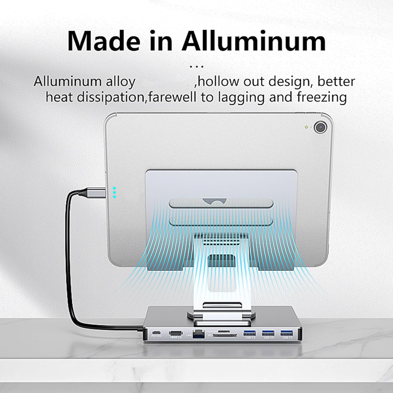 Foldable Rotating Laptop Stand with Type C Adapter 100W Charging RJ45 Networking Port 3.5mm Port Heat Dissipation Slip Proof Aluminum Alloy Laptop Docking Station