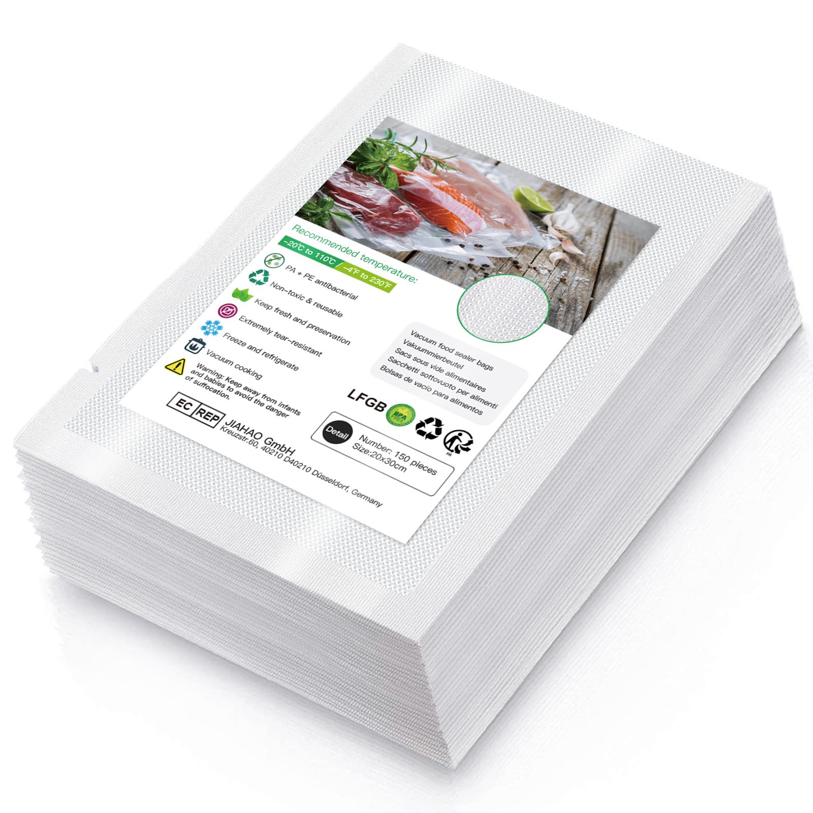 Accenter Vakuumierbeutel 20 x 30cm/150 Beutel 210 Microns Profi Vakuumierfolie für Vakuumierer & Lebensmittel Vakuumiergerät, BPA-frei, Sehr Stark, Kochfest, Sous Vide geeignet, Wiederverwendbar