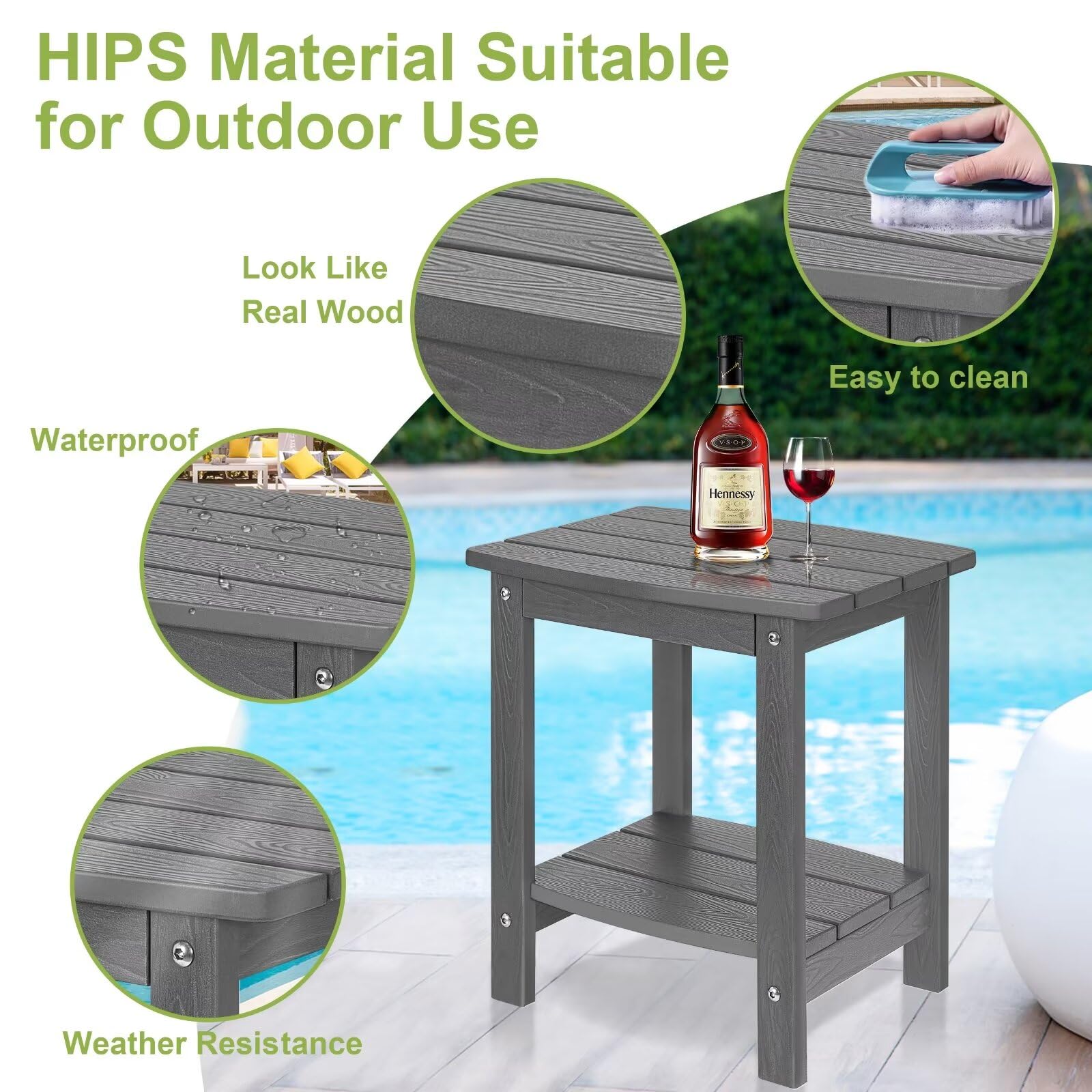 HIPS Adirondack - Mesa auxiliar para exteriores, pequeña de doble capa, impermeable, cuadrada, balcón, mesas auxiliares modernas para patio, piscina, playa, porche, cubierta, uso en interiores o 4