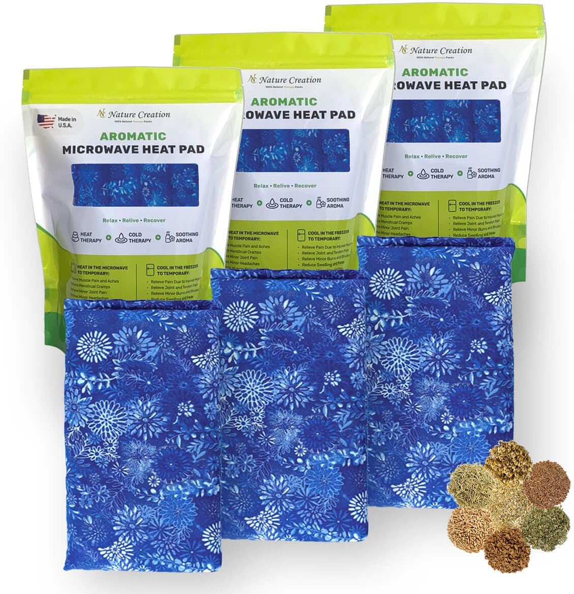 Nature Creation Herbal Microwavable Basic Heating Pad Blue Flower Trio Bundle