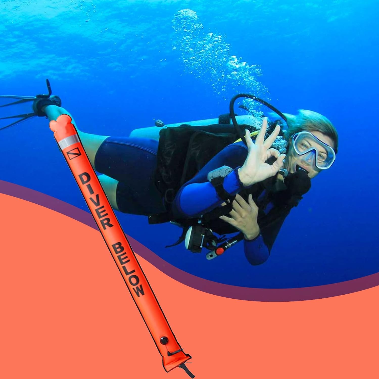 Marker Buoys for Diving - Diver Down Flag Tube | High Visibility Safety Sausage for Underwater Diving, Inflatable Reflective Marker Float