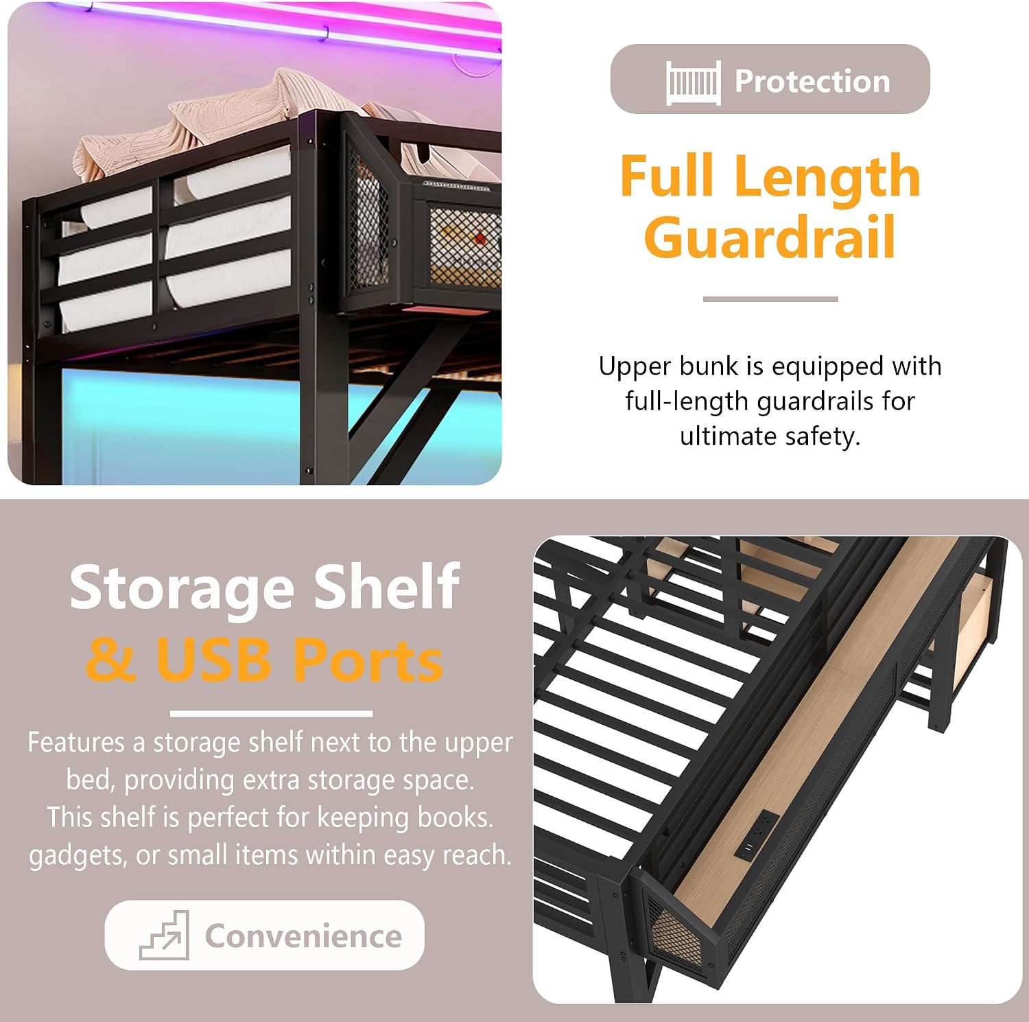 Bellemave Twin XL Metal Loft Bed with Storage Stairs, Shelves & Wardrobe, Twin XL Size Loft Bed Frame with LED Lights & USB Ports for Kids Teens, Noise-Reduced Design, Natural Wood