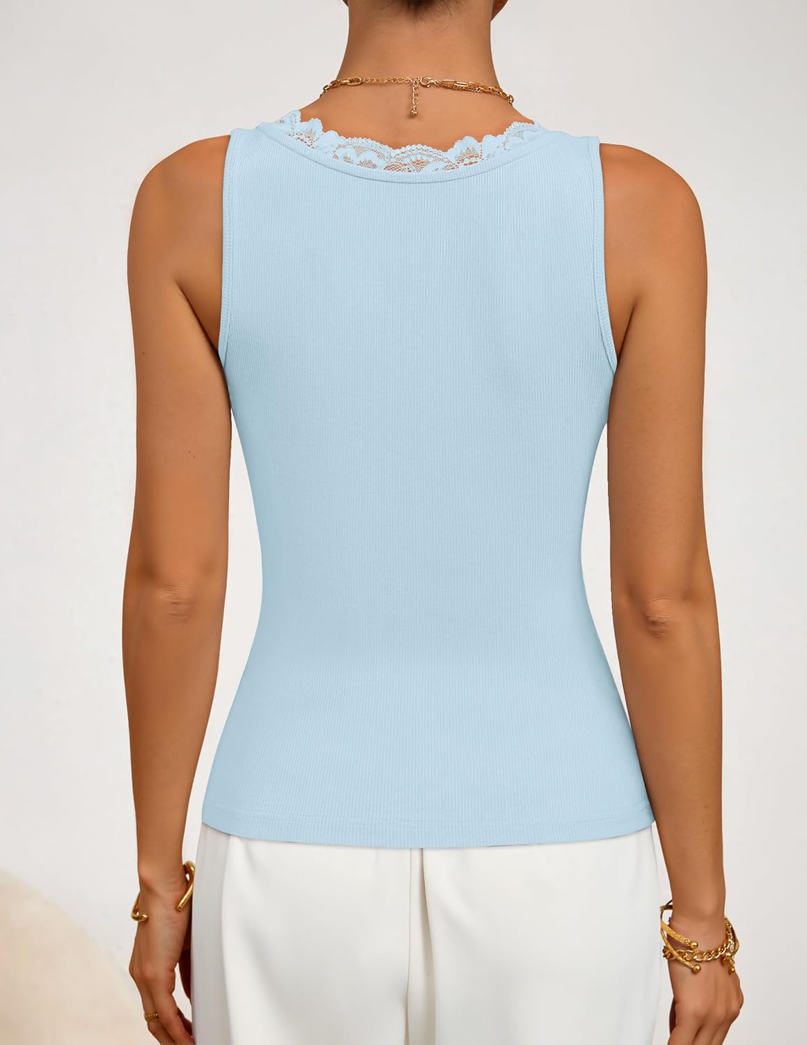 ZESICA Womens 2026 Summer V Neck Tank Tops Spring Sleeveless Lace Trim Ribbed Knit Casual Going Out Cami Shirts - Image 5